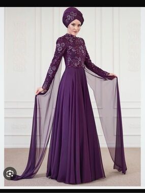 Modest Long Sleeve Embroidered Evening Gown in Plum